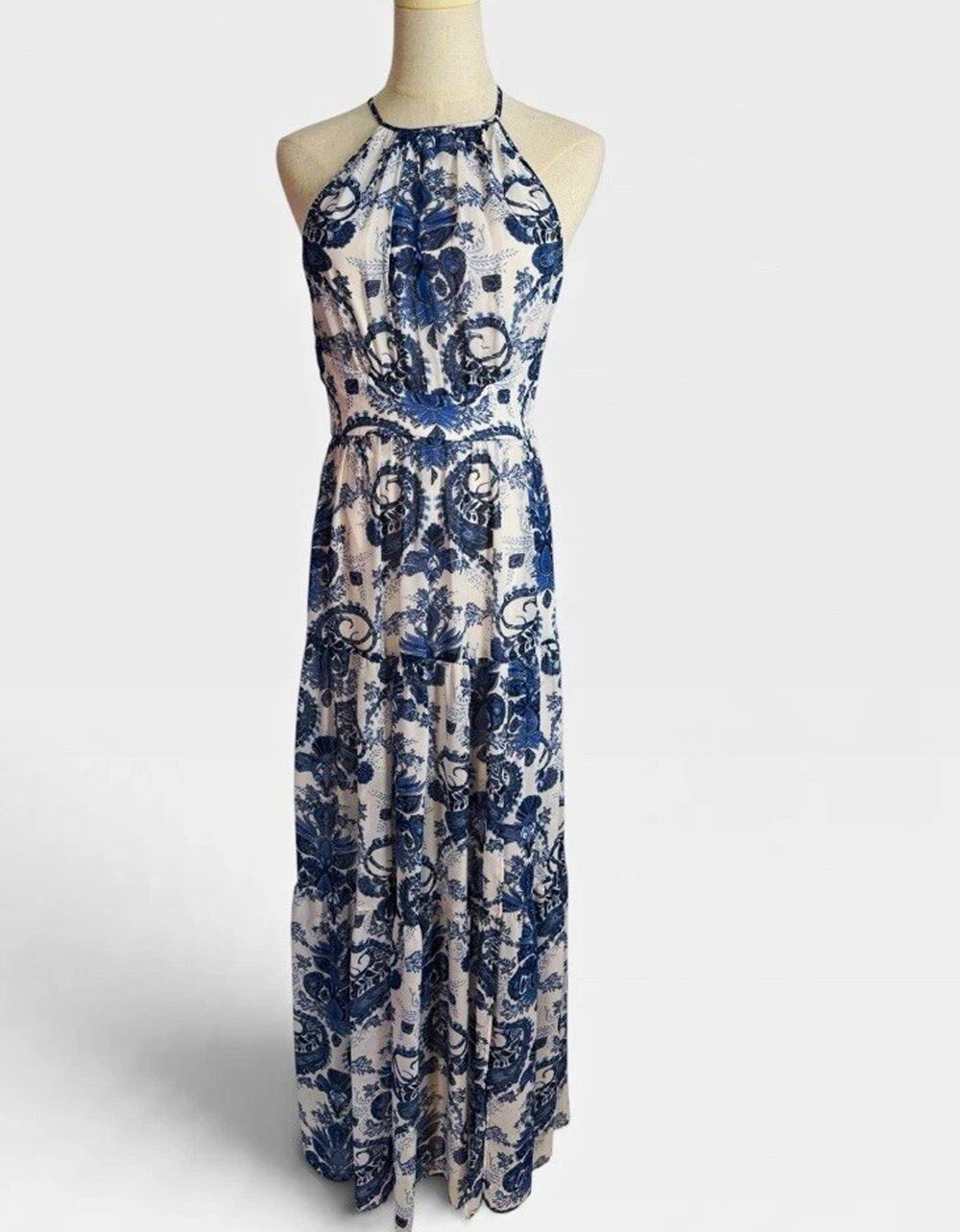 Bisou Bisou Maxi Dress Womens 2 Blue White Paisley Boho Halter Sleeveless